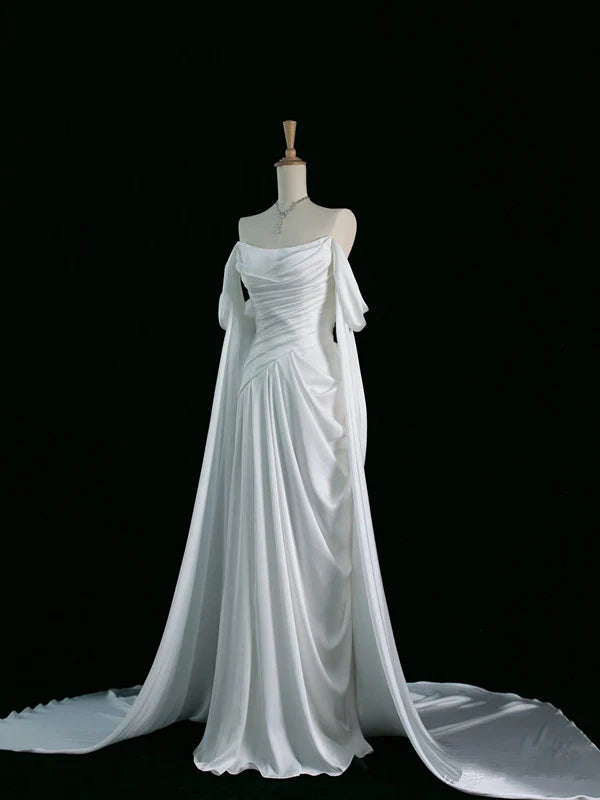 TingPo Wholesale Elegant Pretty A Line Off The Shoulder White Satin Long Prom Dresses Party Evening Dress